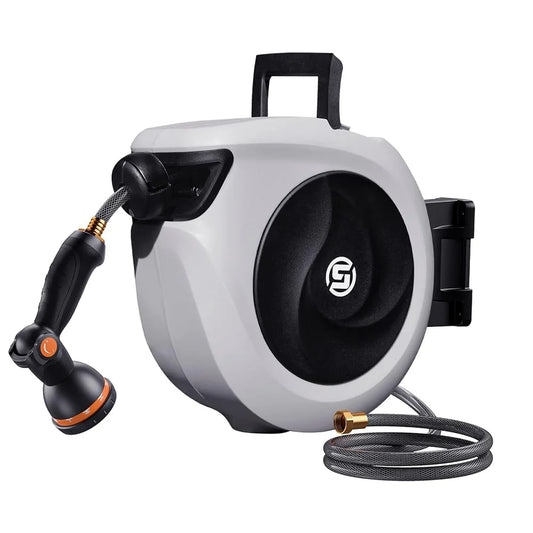SUNPOW Retractable Garden Hose Reel 1/2 Inch X 33ft - Wall Mounted Lightweight Hose Reel with 3/4 Inch Brass Fittings & 10-Pattern Nozzle - Auto Rewind System, Any Length Lock, 180° Swivel Bracket