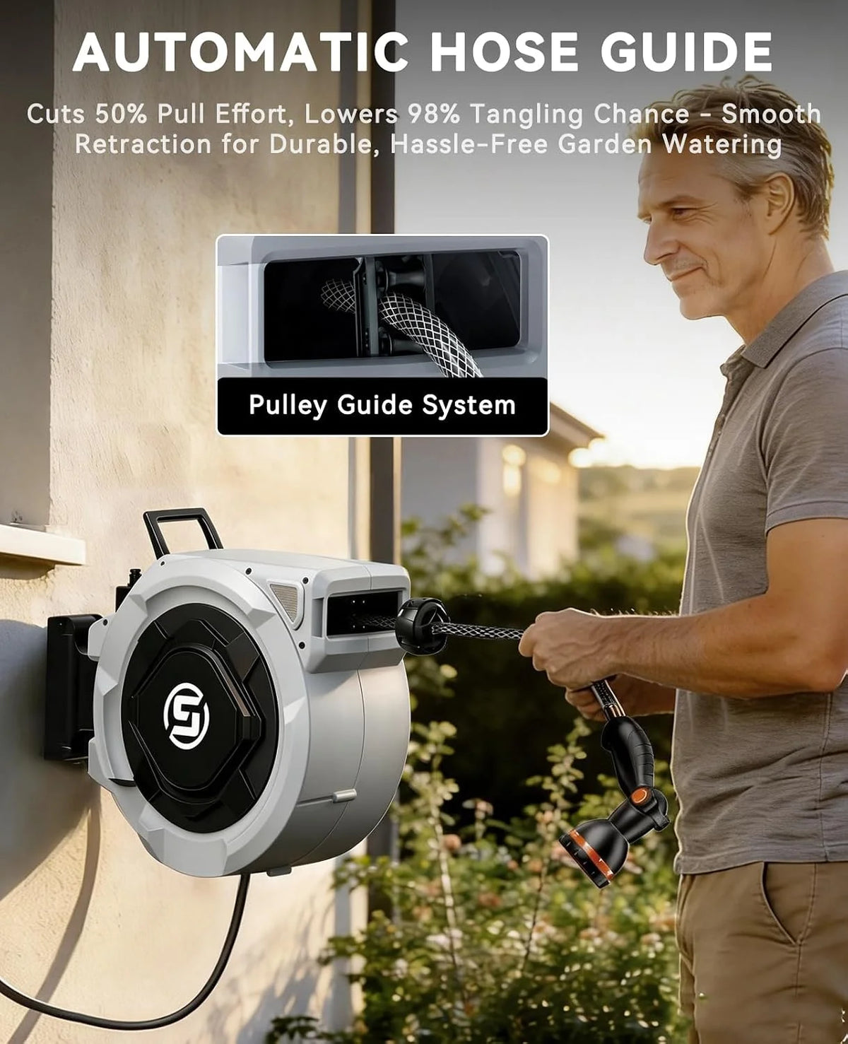 SUNPOW Auto Rewind Retractable Garden Hose Reel 5/8in×55FT | Any Length Lock, Wall Mount Heavy Duty Hose Reel, 3/4in Brass Fitting, 10 Function Nozzle, 180° Swivel Bracket, Gray