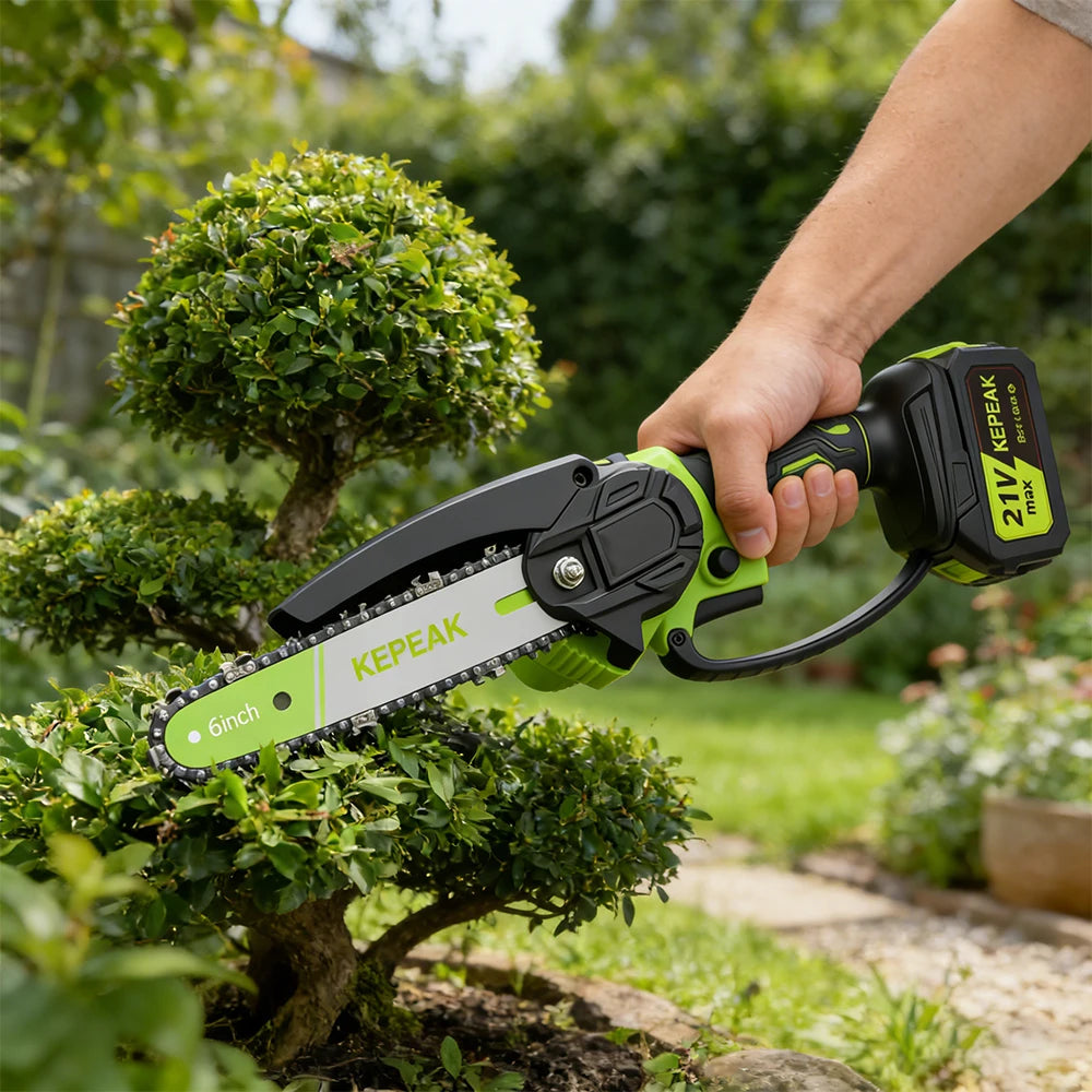 Portable 6 Inch Mini Electric Chainsaw 21V Wireless Battery Powered Handheld Pruning Saw High Hardness Quenched Chain For Yard Tree Trunk Bamboo Cutting