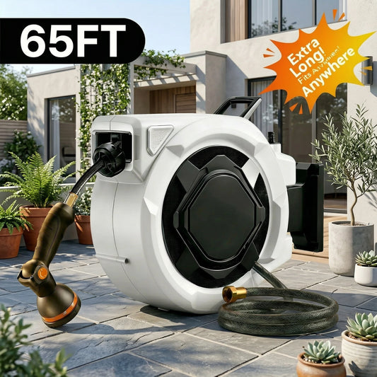 SUNPOW Auto Rewind Retractable Garden Hose Reel 5/8in×55FT | Any Length Lock, Wall Mount Heavy Duty Hose Reel, 3/4in Brass Fitting, 10 Function Nozzle, 180° Swivel Bracket, Gray
