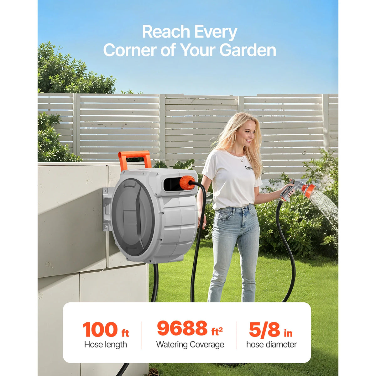 SucceBuy 5/8 Inch x 100ft Retractable Garden Hose Reel with 9 Patterns Nozzle Upgraded Slow Return System and 180°Swivel Bracket