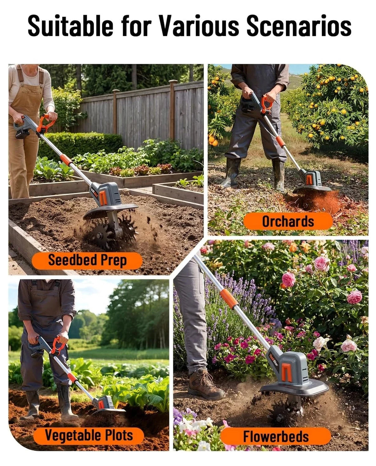 TaskStar Electric Tiller Cordless Cultivator 2*2000mAh Battery Powerd Handheld Rototiller Garden Grass Trimmer Soil Turning Tool for Makita 18V Battery Pin