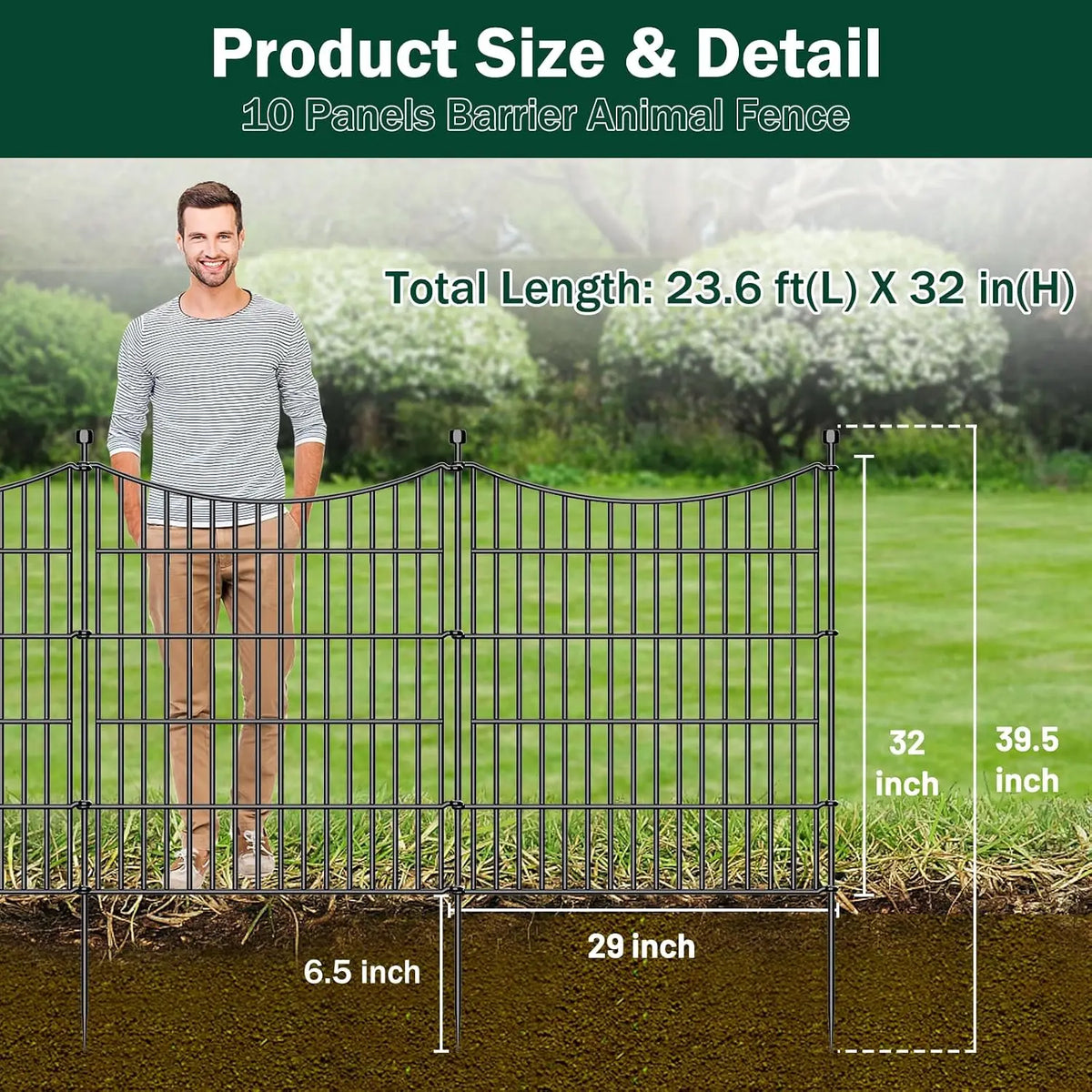 32"H x 23.6'L Rustproof Metal Garden Fence, No-Dig Dog Fence for Yard, Decorative Border Edging