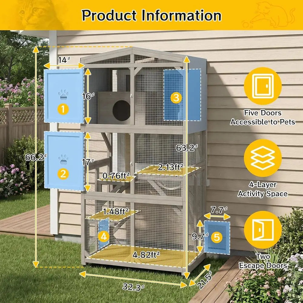 Catio Outdoor Cat Enclosure or Multiple Cats, 5-Level Wooden Large Cat Cage with Rolling Casters, Weatherproo Roo, Acrylic Windo
