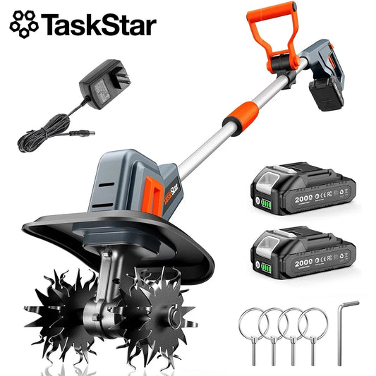 TaskStar Electric Tiller Cordless Cultivator 2*2000mAh Battery Powerd Handheld Rototiller Garden Grass Trimmer Soil Turning Tool for Makita 18V Battery Pin