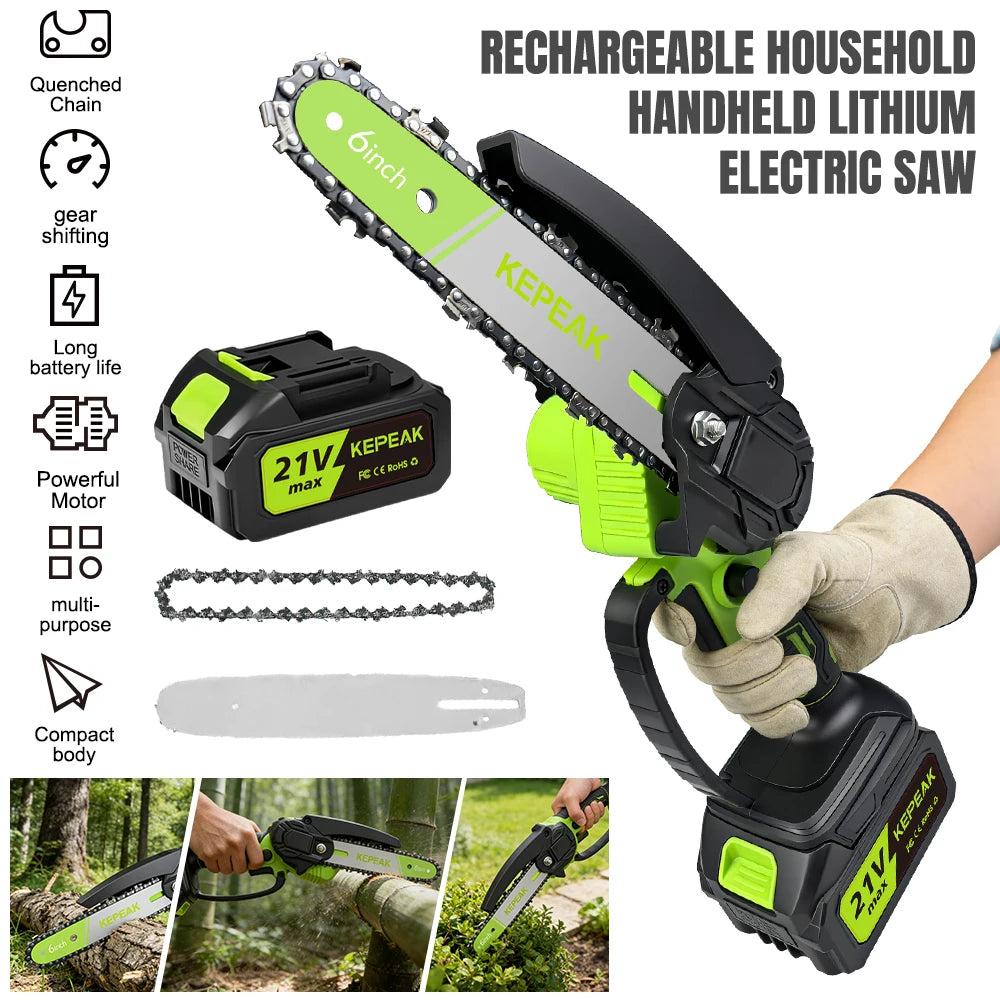 Portable 6 Inch Mini Electric Chainsaw 21V Wireless Battery Powered Handheld Pruning Saw High Hardness Quenched Chain For Yard Tree Trunk Bamboo Cutting