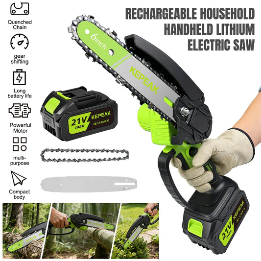 Portable 6 Inch Mini Electric Chainsaw 21V Wireless Battery Powered Handheld Pruning Saw High Hardness Quenched Chain For Yard Tree Trunk Bamboo Cutting
