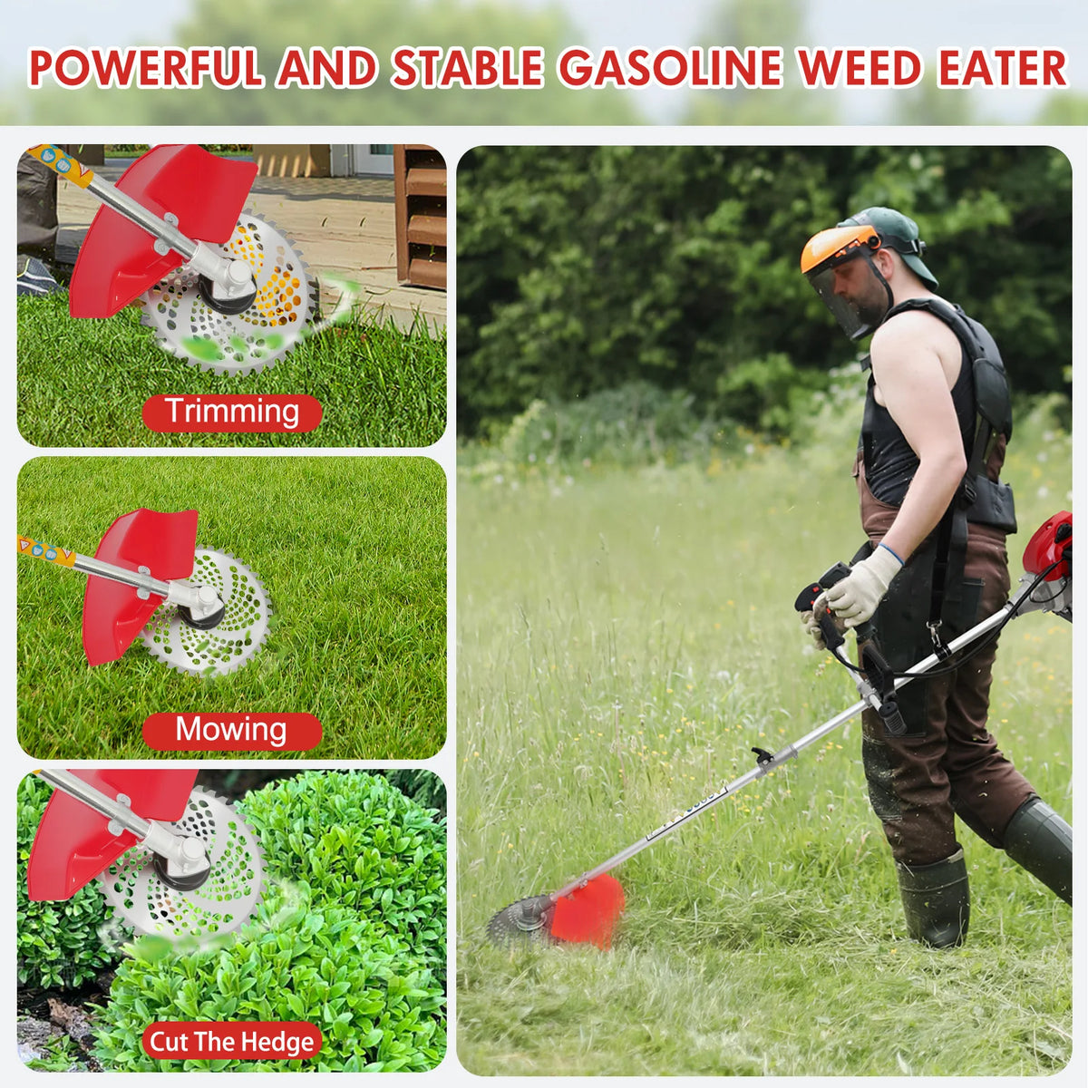 52cc Gasoline Lawn Mower 2-Stroke 4-in-1 Adjustable Grass Cutting Straight Shaft Gas Power Weed Eater with 4 Trimmer Heads
