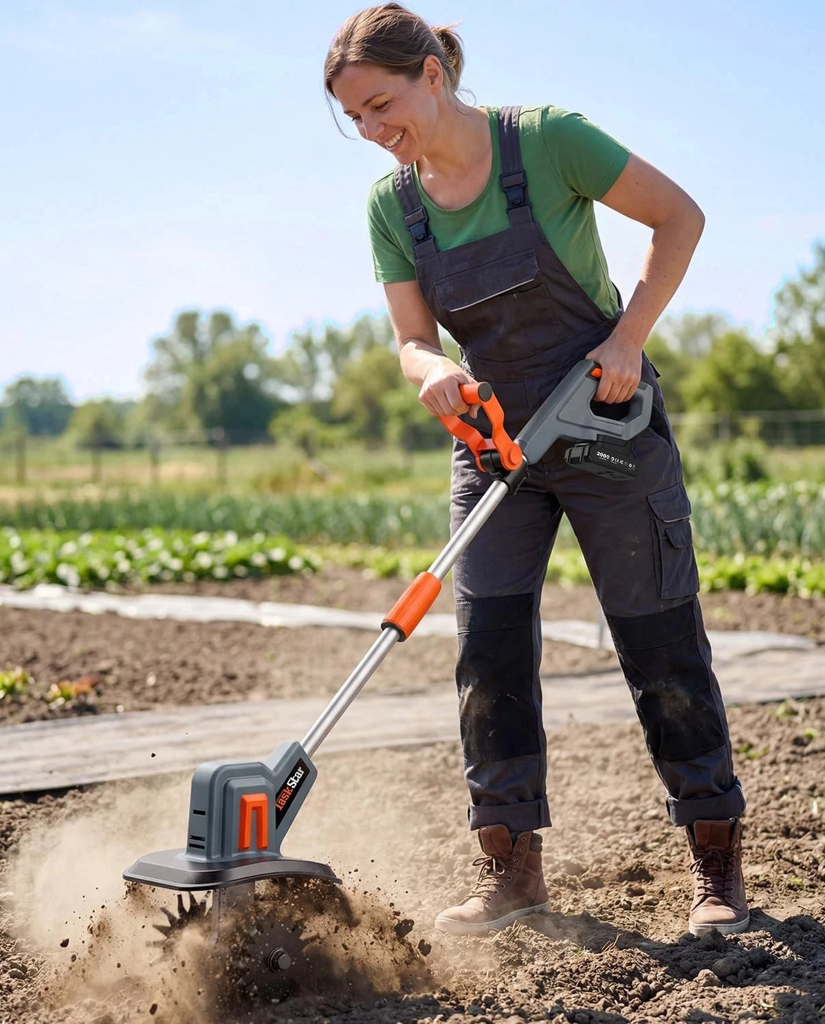 TaskStar Electric Tiller Cordless Cultivator 2*2000mAh Battery Powerd Handheld Rototiller Garden Grass Trimmer Soil Turning Tool for Makita 18V Battery Pin