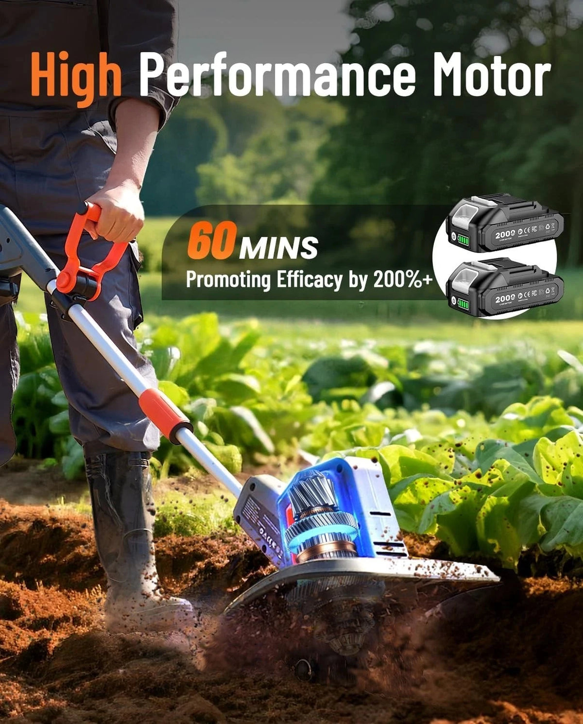TaskStar Electric Tiller Cordless Cultivator 2*2000mAh Battery Powerd Handheld Rototiller Garden Grass Trimmer Soil Turning Tool for Makita 18V Battery Pin