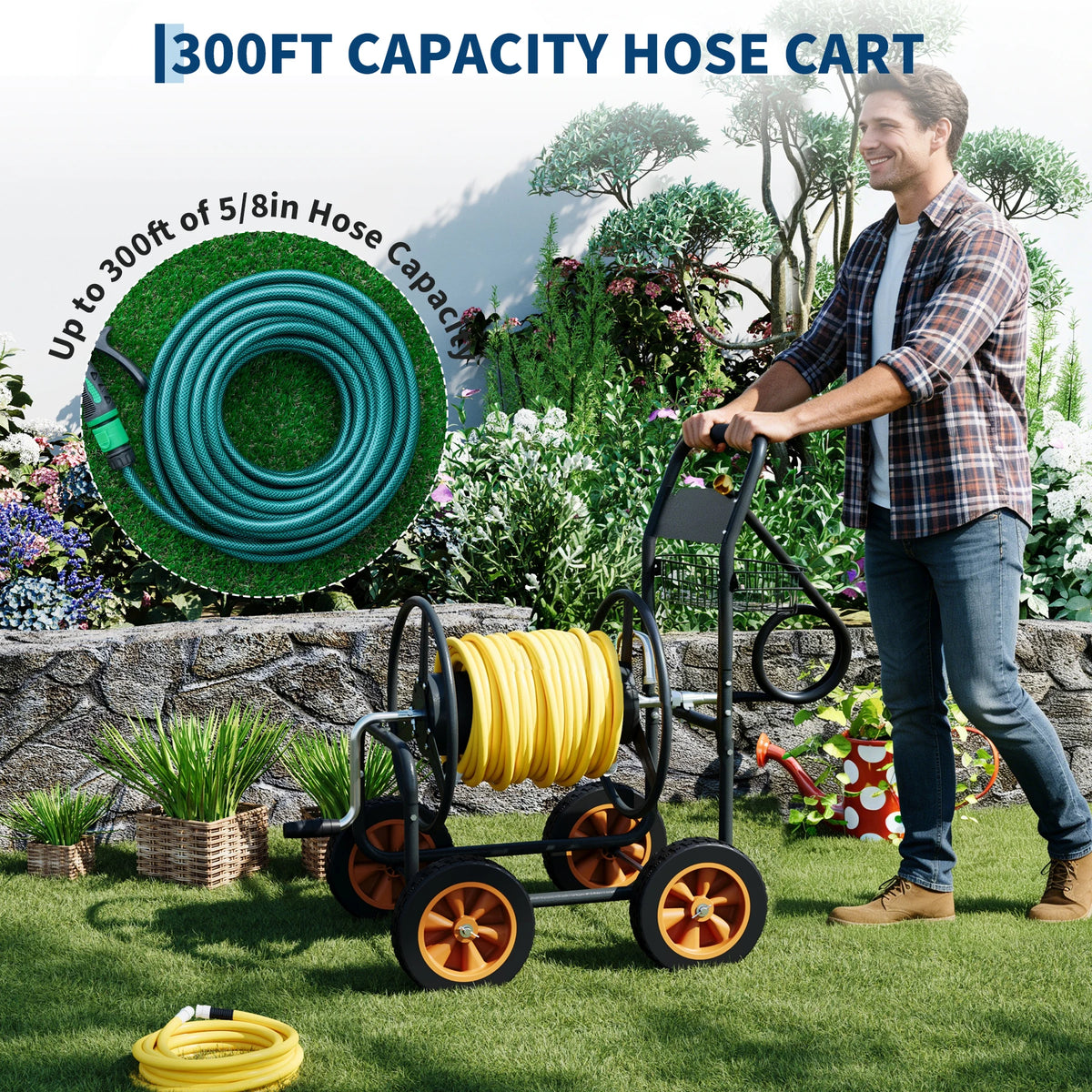 Upgrade Hose Reel Cart Garden Hose Cart 4 Wheels  300FT Capacity with Buckle 1.8m 20mm Hose Outdoor Water Hose Storage Trolley Easy Assembly – For Lawn, Yard, Patio, Car Washing