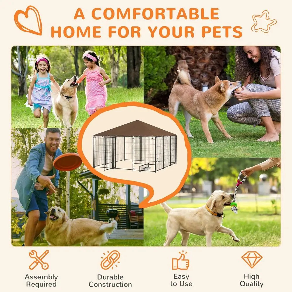 Outside Dog Kennel, 7' x 7' x 5' Puppy Play Pen with , Garden Playpen ence Crate Enclosure Cage Rotating Bowl, or Dogs, Chickens