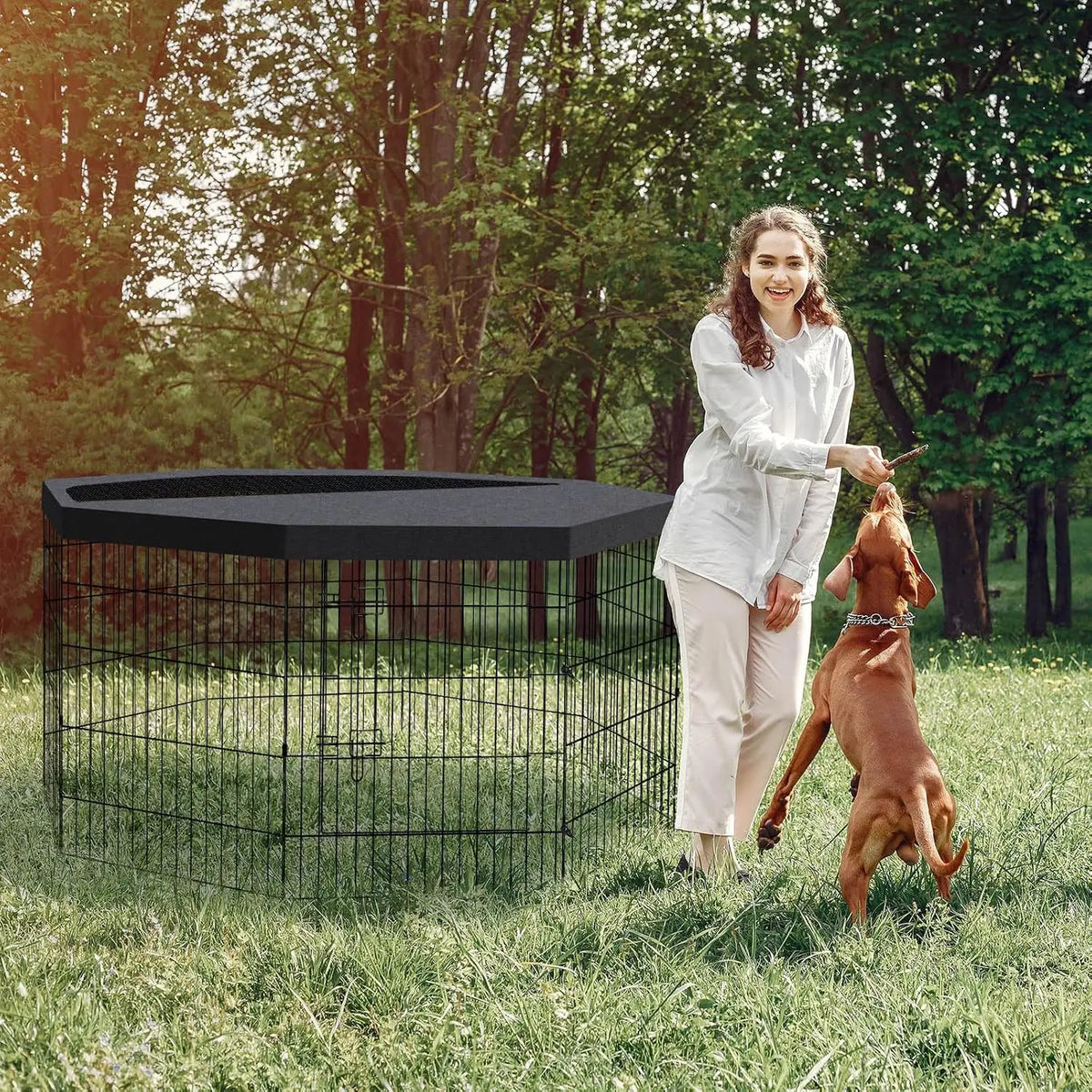 30" 8-Panel Metal Dog Playpen with Top Cover, Foldable & Rustproof, Recycled Material