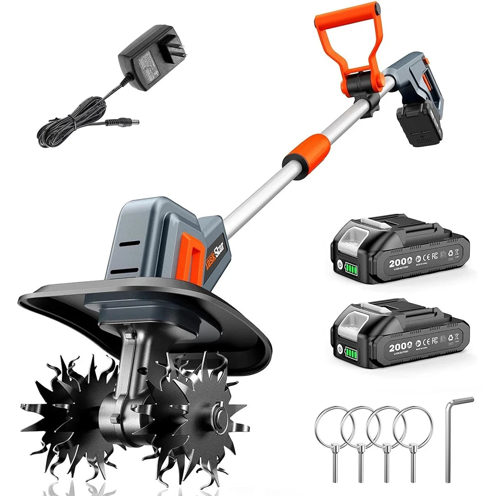 TaskStar Electric Tiller Cordless Cultivator 2*2000mAh Battery Powerd Handheld Rototiller Garden Grass Trimmer Soil Turning Tool for Makita 18V Battery Pin