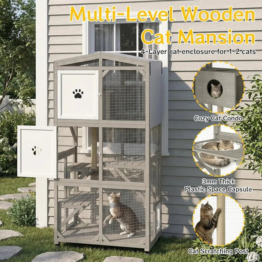 Catio Outdoor Cat Enclosure or Multiple Cats, 5-Level Wooden Large Cat Cage with Rolling Casters, Weatherproo Roo, Acrylic Windo