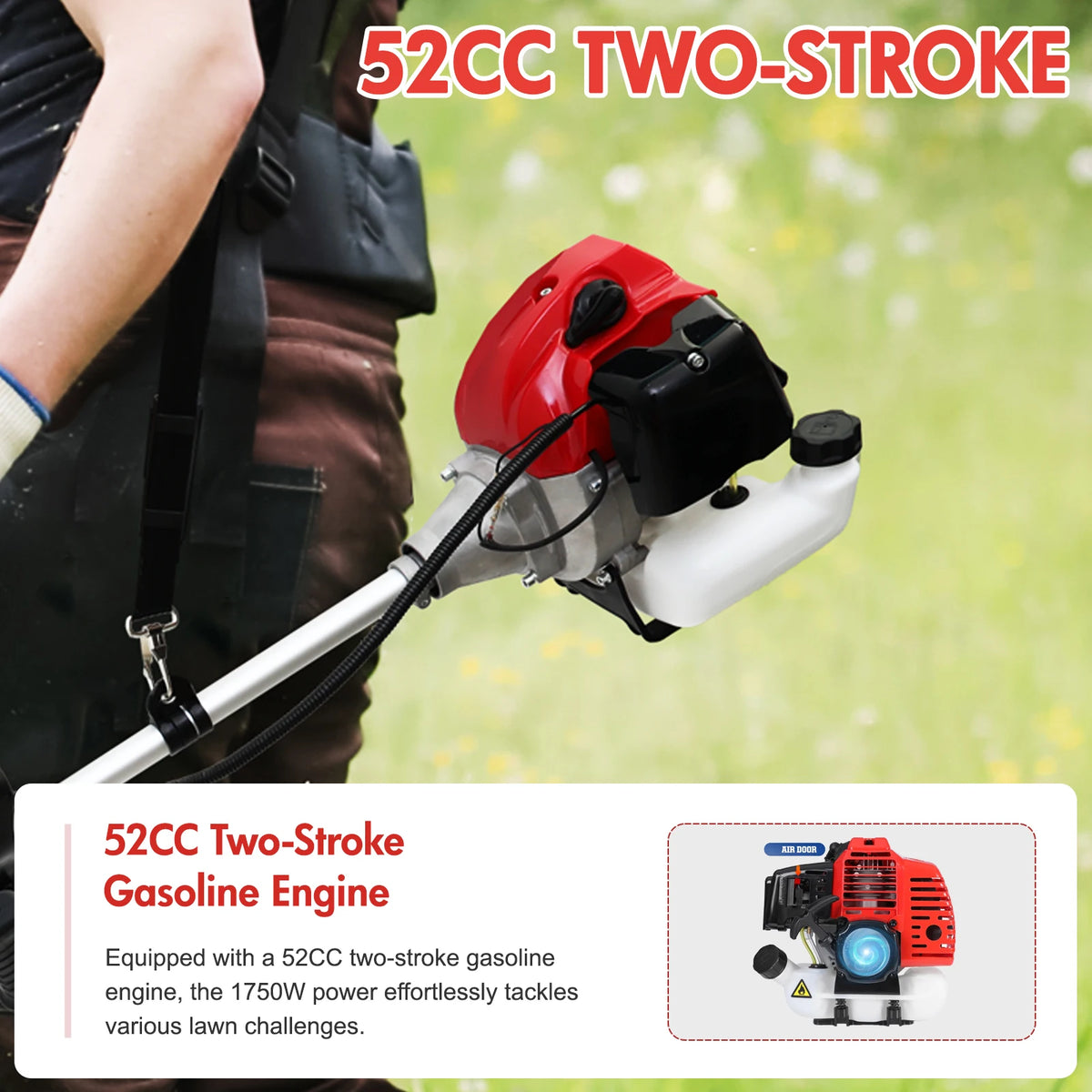 52cc Gasoline Lawn Mower 2-Stroke 4-in-1 Adjustable Grass Cutting Straight Shaft Gas Power Weed Eater with 4 Trimmer Heads