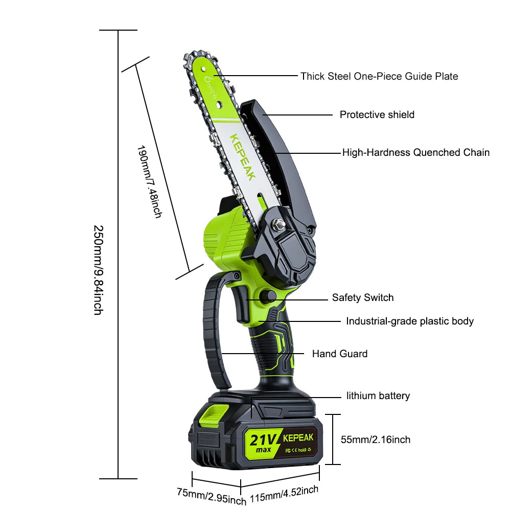 Portable 6 Inch Mini Electric Chainsaw 21V Wireless Battery Powered Handheld Pruning Saw High Hardness Quenched Chain For Yard Tree Trunk Bamboo Cutting