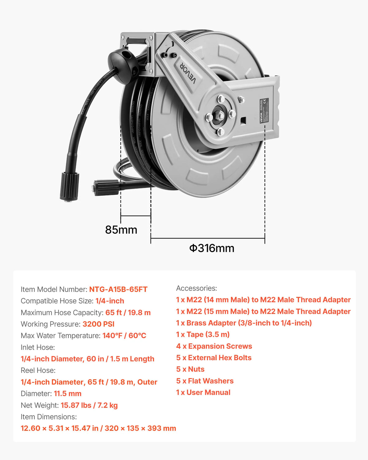 VEVOR Pressure Washer Hose Reel Retractable Power Heavy-Duty Steel Washer Hose Reel 3200PSI Max for Car Washing Garden