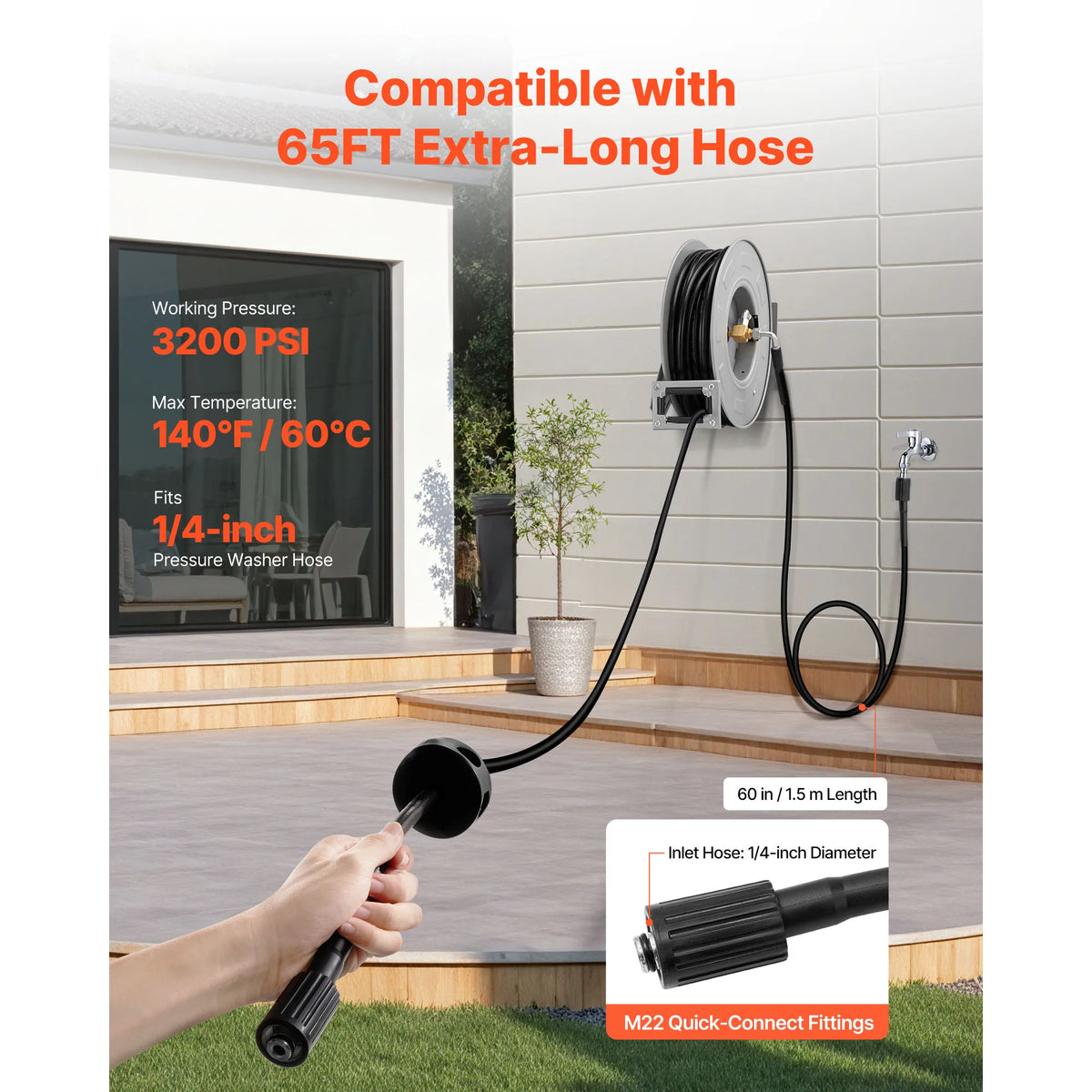 VEVOR Pressure Washer Hose Reel Retractable Power Heavy-Duty Steel Washer Hose Reel 3200PSI Max for Car Washing Garden