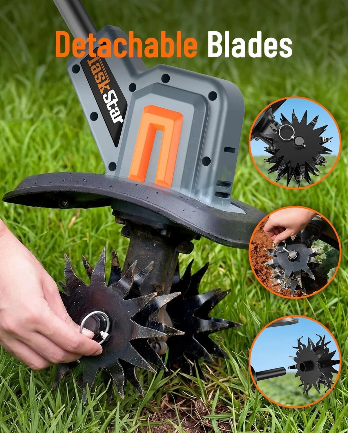 TaskStar Electric Tiller Cordless Cultivator 2*2000mAh Battery Powerd Handheld Rototiller Garden Grass Trimmer Soil Turning Tool for Makita 18V Battery Pin