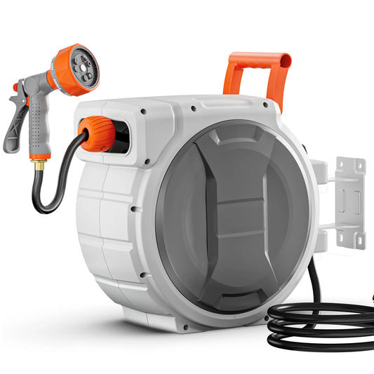 SucceBuy 5/8 Inch x 100ft Retractable Garden Hose Reel with 9 Patterns Nozzle Upgraded Slow Return System and 180°Swivel Bracket