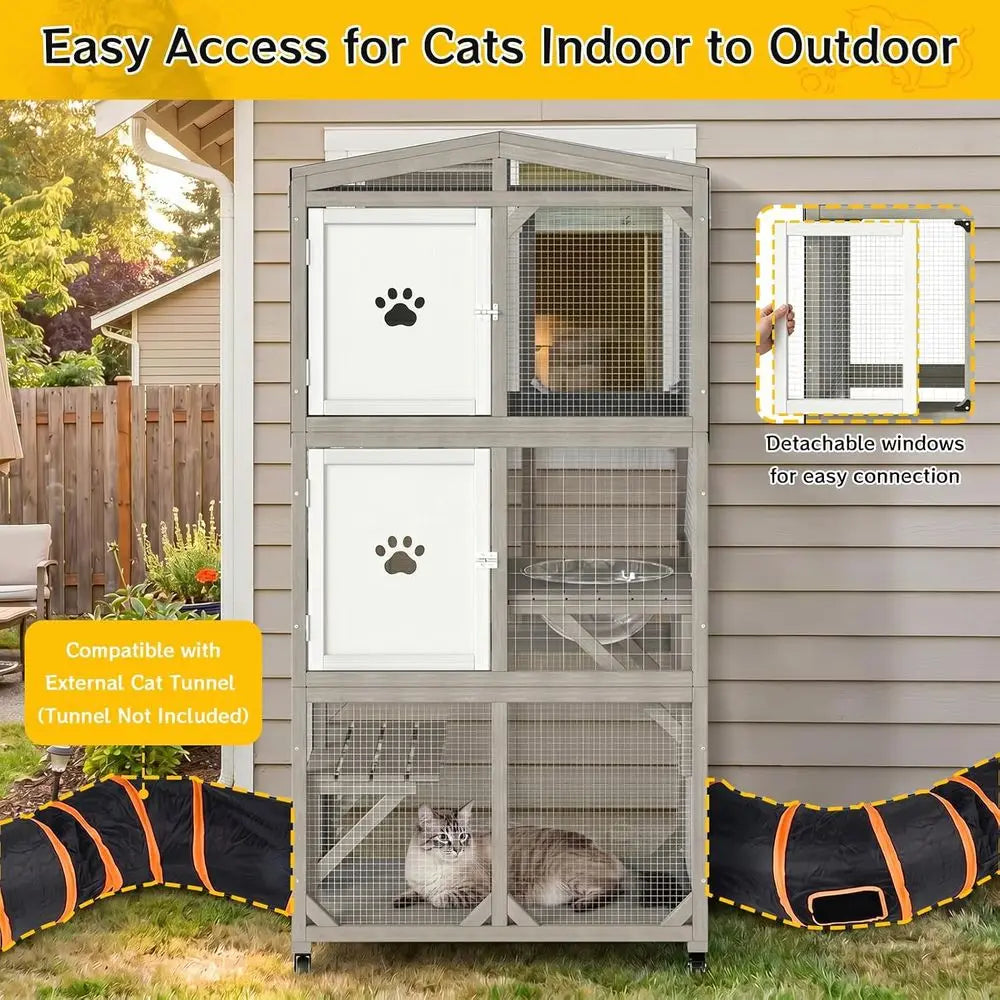 Catio Outdoor Cat Enclosure or Multiple Cats, 5-Level Wooden Large Cat Cage with Rolling Casters, Weatherproo Roo, Acrylic Windo