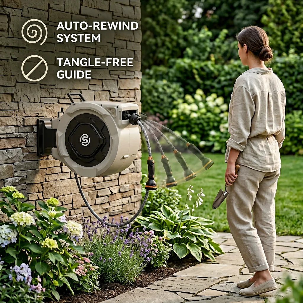 SUNPOW Retractable Garden Hose Reel,5/8in×100FT Wall‑Mount Heavy‑Duty Reel,Any Length Lock,Pulley Guide Rail System,Leak‑Proof 3/4in Brass Fitting,10‑Function Spray Nozzle,180° Swivel Bracket,Auto Rewind for Garden