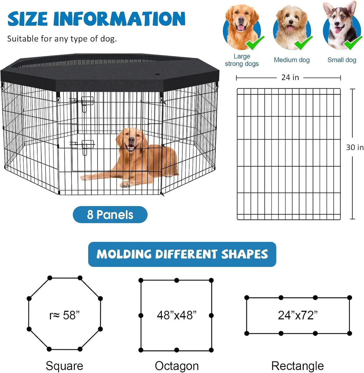 30" 8-Panel Metal Dog Playpen with Top Cover, Foldable & Rustproof, Recycled Material