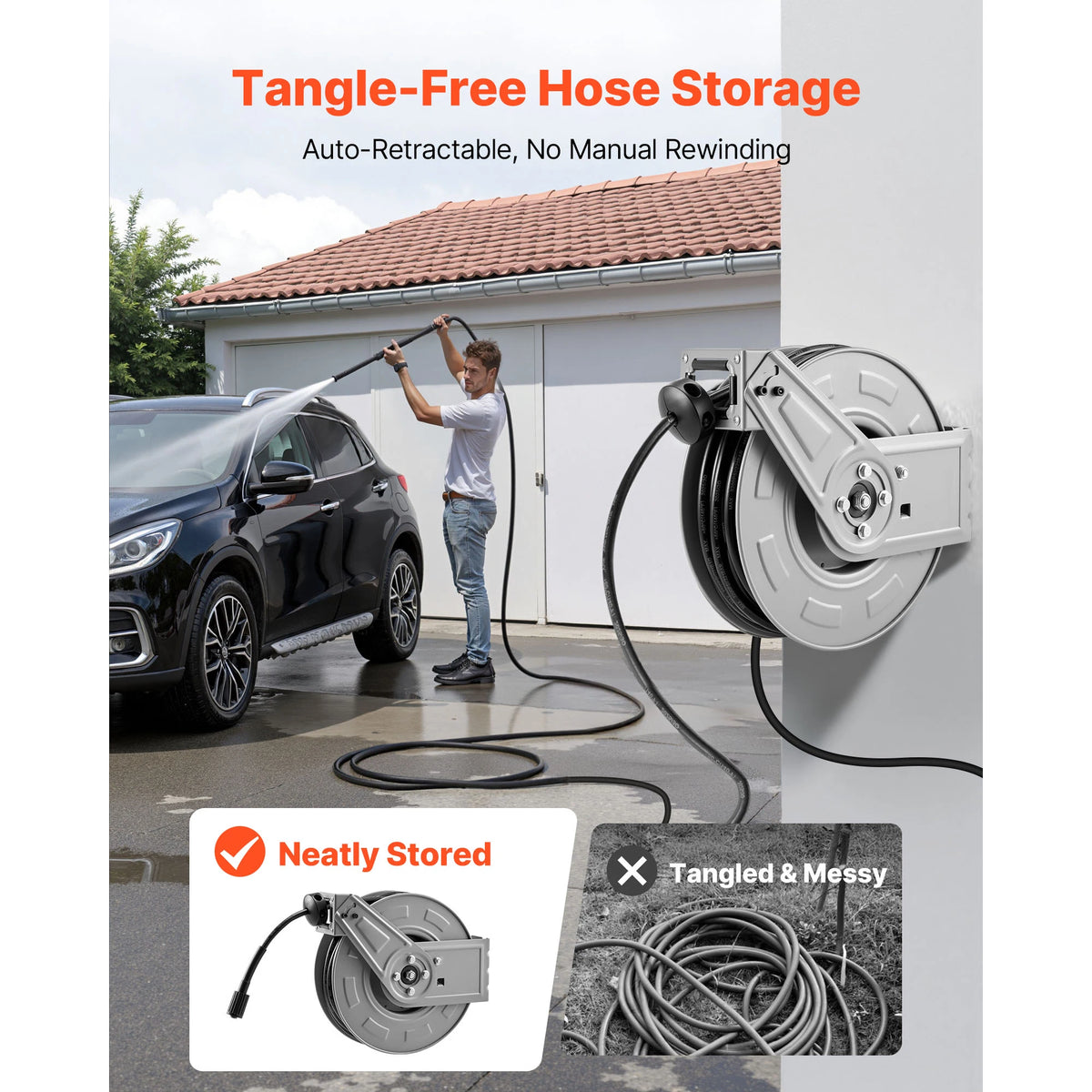 VEVOR Pressure Washer Hose Reel Retractable Power Heavy-Duty Steel Washer Hose Reel 3200PSI Max for Car Washing Garden