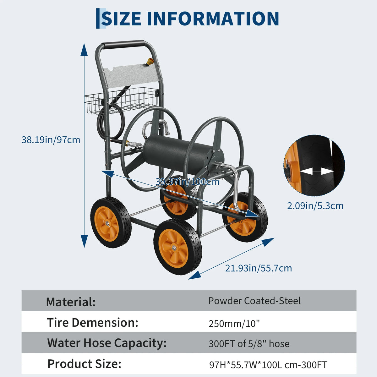 Upgrade Hose Reel Cart Garden Hose Cart 4 Wheels  300FT Capacity with Buckle 1.8m 20mm Hose Outdoor Water Hose Storage Trolley Easy Assembly – For Lawn, Yard, Patio, Car Washing