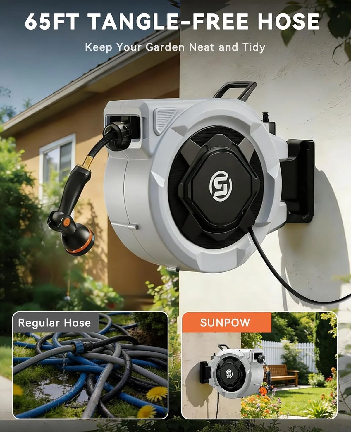SUNPOW Auto Rewind Retractable Garden Hose Reel 5/8in×55FT | Any Length Lock, Wall Mount Heavy Duty Hose Reel, 3/4in Brass Fitting, 10 Function Nozzle, 180° Swivel Bracket, Gray