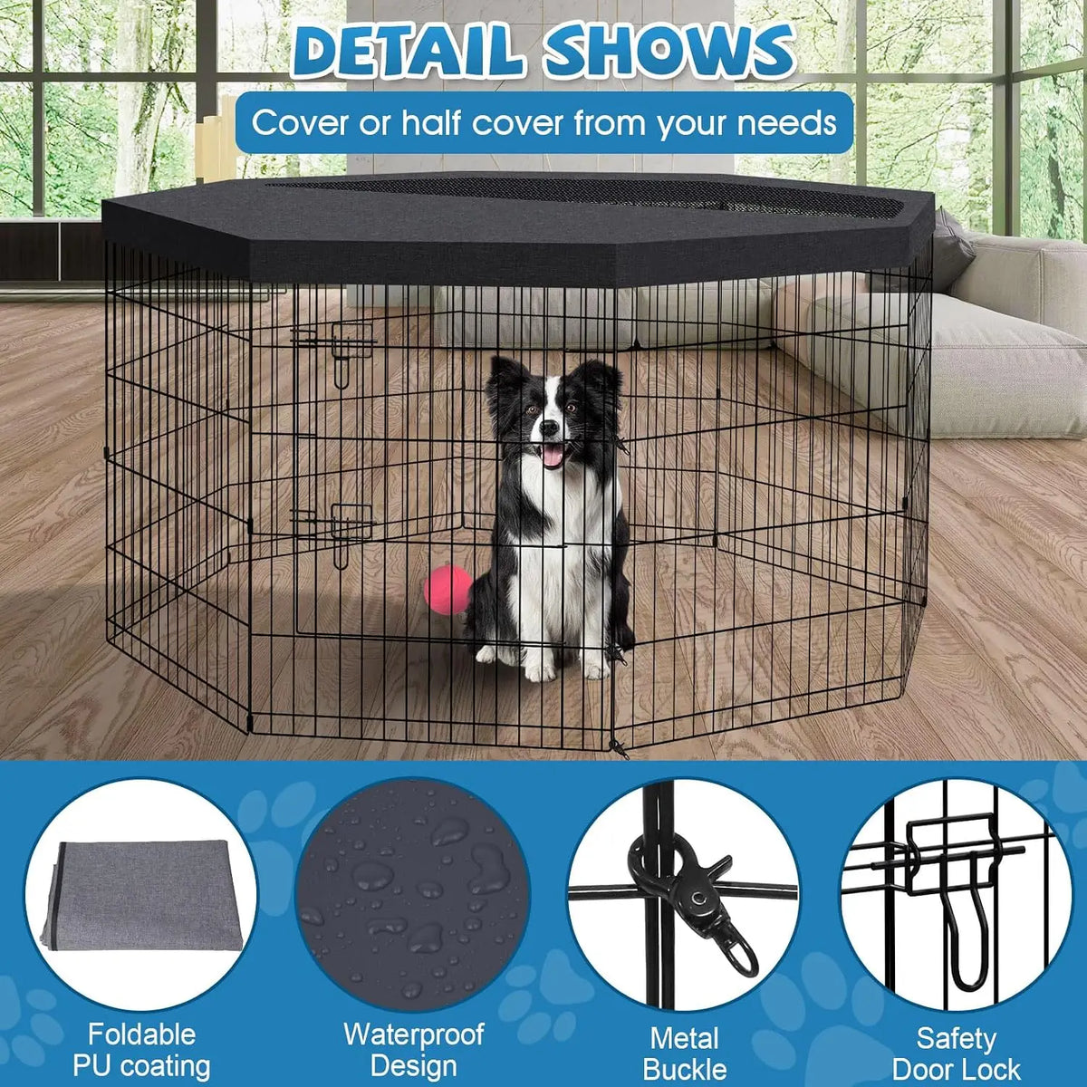30" 8-Panel Metal Dog Playpen with Top Cover, Foldable & Rustproof, Recycled Material