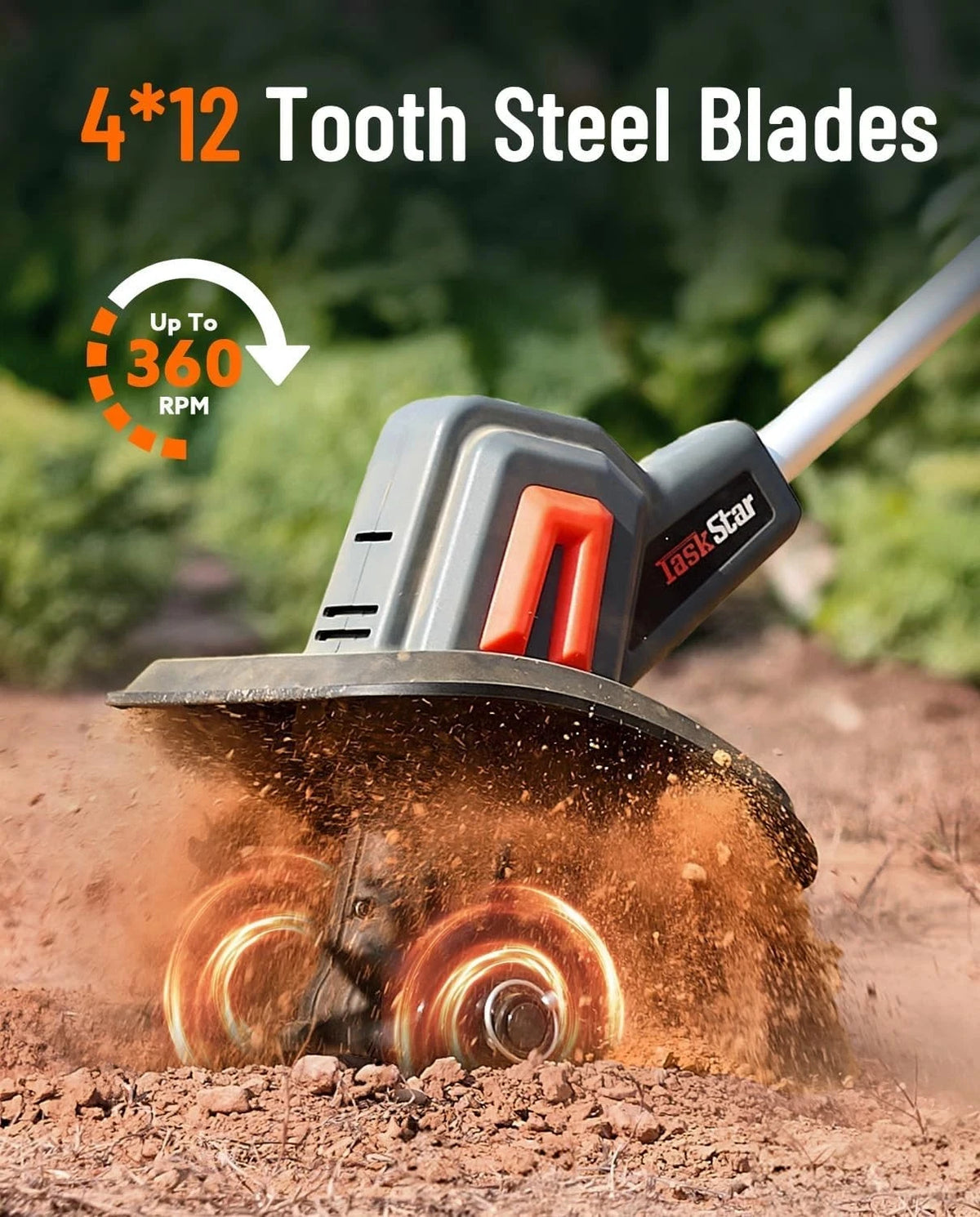TaskStar Electric Tiller Cordless Cultivator 2*2000mAh Battery Powerd Handheld Rototiller Garden Grass Trimmer Soil Turning Tool for Makita 18V Battery Pin