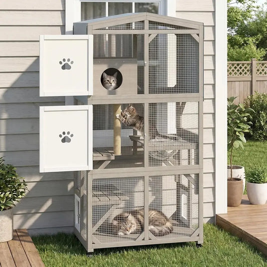 Catio Outdoor Cat Enclosure or Multiple Cats, 5-Level Wooden Large Cat Cage with Rolling Casters, Weatherproo Roo, Acrylic Windo