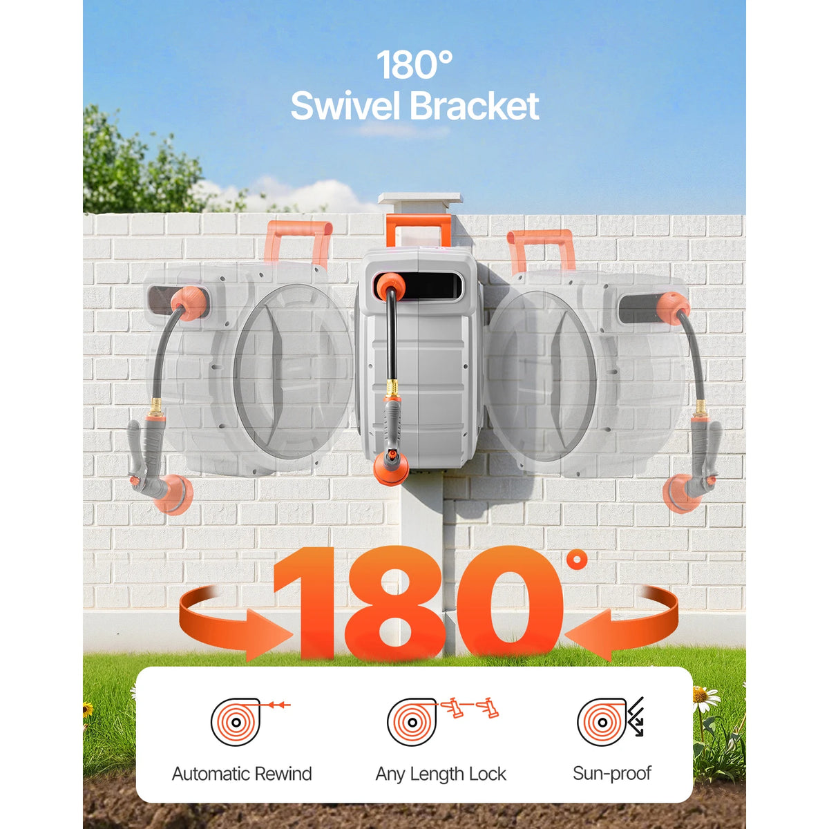 SucceBuy 5/8 Inch x 100ft Retractable Garden Hose Reel with 9 Patterns Nozzle Upgraded Slow Return System and 180°Swivel Bracket