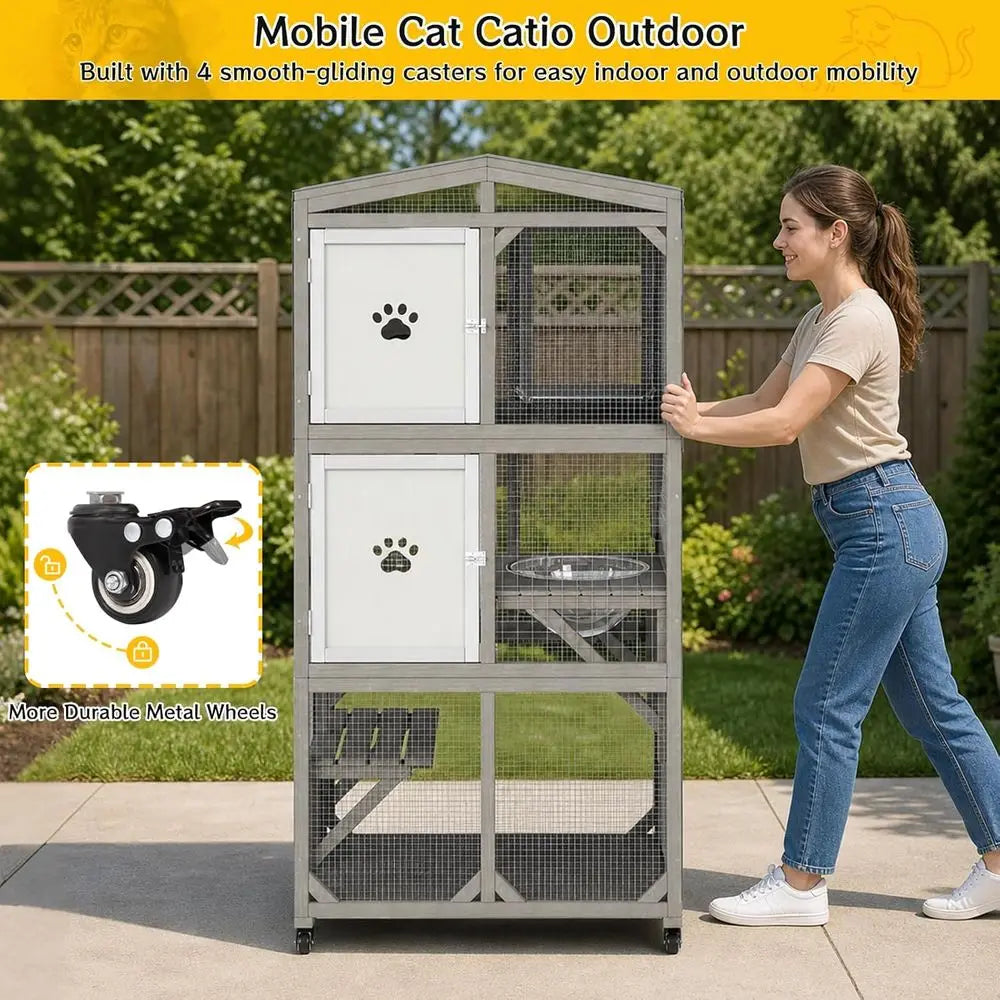 Catio Outdoor Cat Enclosure or Multiple Cats, 5-Level Wooden Large Cat Cage with Rolling Casters, Weatherproo Roo, Acrylic Windo