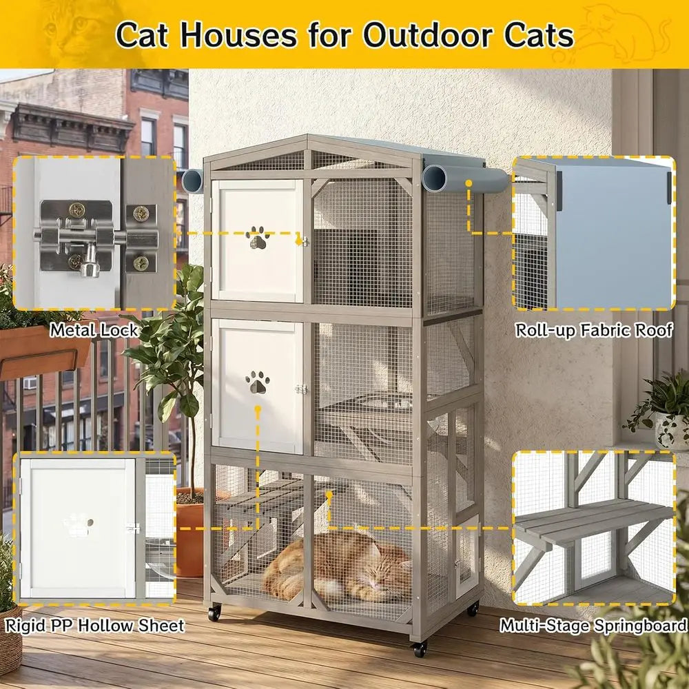 Catio Outdoor Cat Enclosure or Multiple Cats, 5-Level Wooden Large Cat Cage with Rolling Casters, Weatherproo Roo, Acrylic Windo
