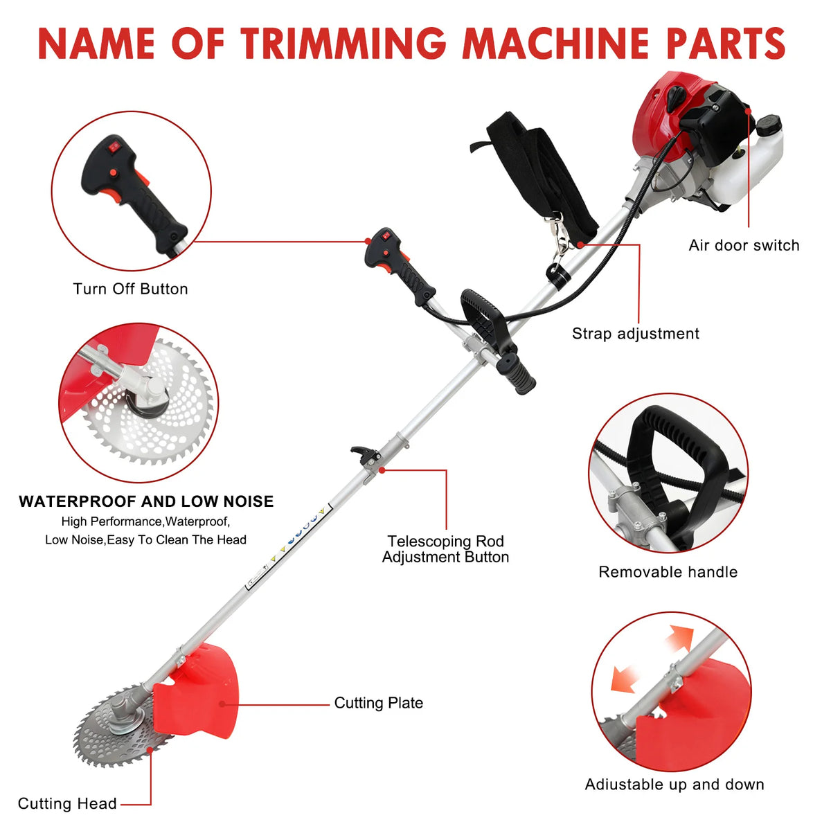 52cc Gasoline Lawn Mower 2-Stroke 4-in-1 Adjustable Grass Cutting Straight Shaft Gas Power Weed Eater with 4 Trimmer Heads